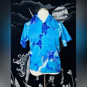 VTG 1970s Bright Blue Hawaiian Floral Short Sleeve Shirt